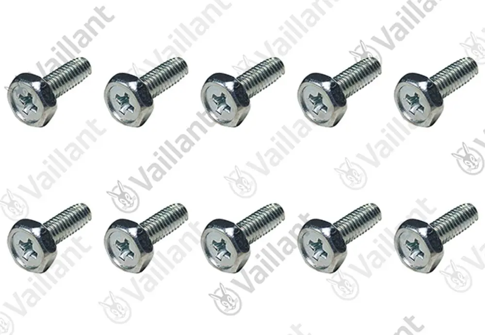 Vaillant Schrauben in Metalloptik, mit Sechskantkopf und Gewinde, angeordnet in zwei Reihen, insgesamt zehn Stück.